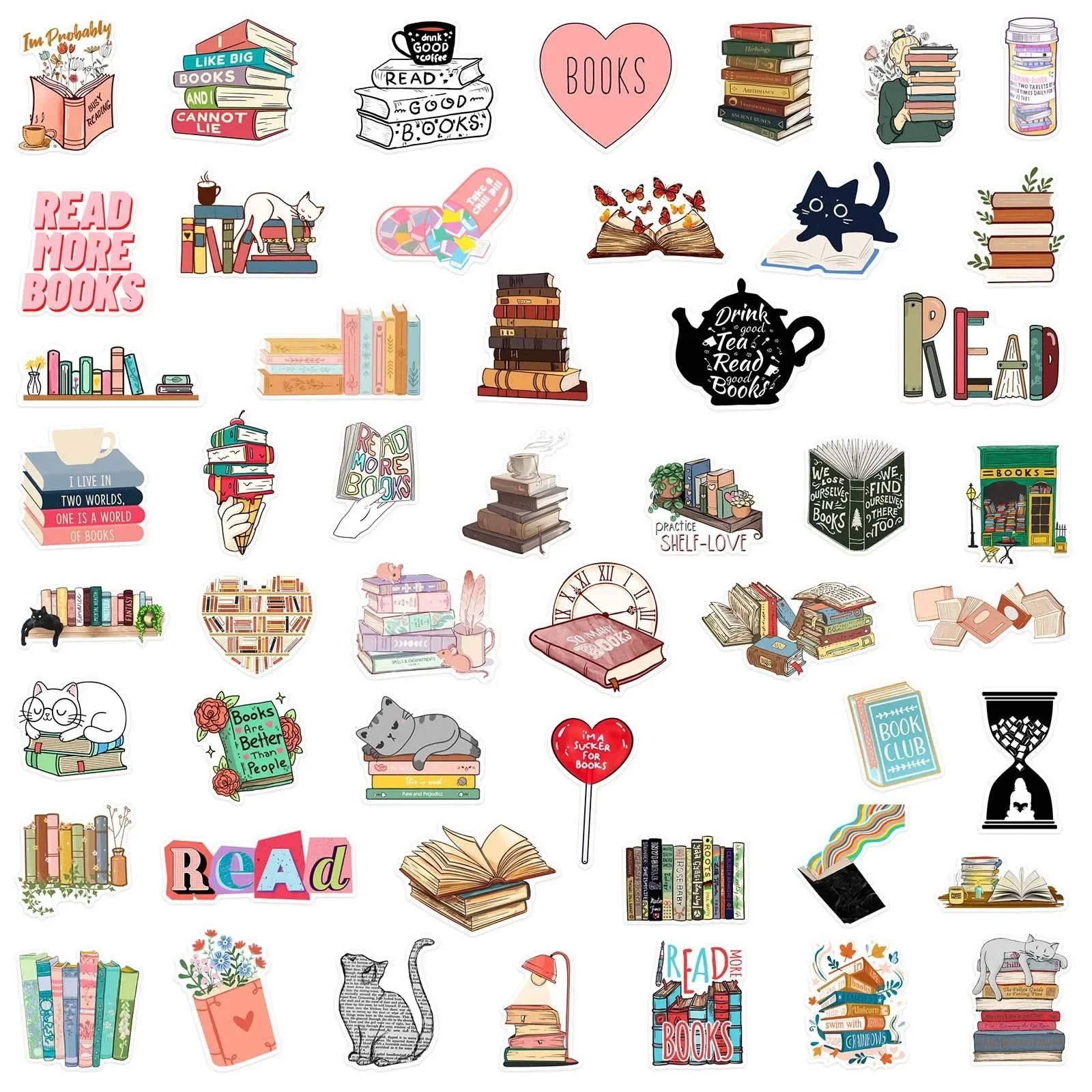 10/50/100PCS Cute Flower Book Reading Stickers Aesthetic DIY Scrapbooking Notebook Bottle Phone Luggage Decoration Sticker Toy