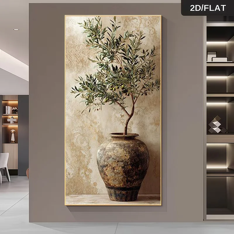 

2D Flat Large Modern Olive Tree Canvas Wall Art Frameless Minimalist Beige Green Leaf Vase Canvas Prints for Living Decortions