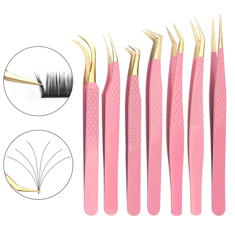 1Pc Pink Superhard Stainless Steel Eyelash Tweezers Anti-Static Non-Magnetic Professional Pincet 3D Lashes Makeup Tweezer Tools