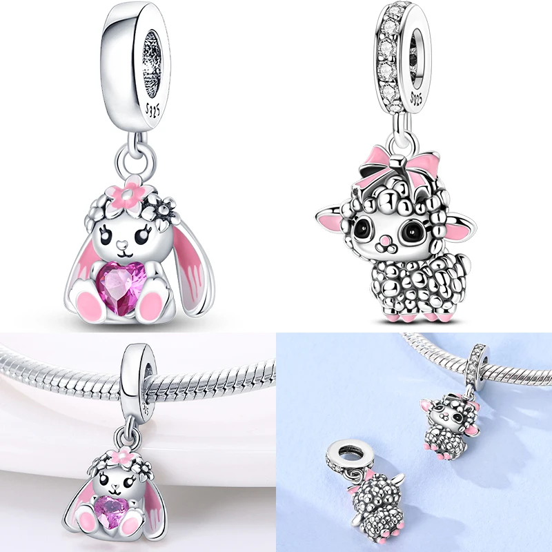 

925 Sterling Silver Cute Pink Flower Rabbit Charms Bead Shining Heart Zircon Dangle Fit Original Bracelet DIY Women Jewelry