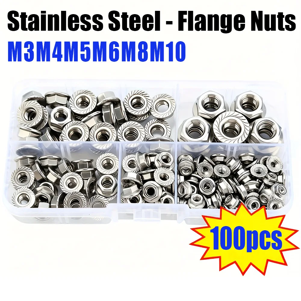 100-Piece Hex Flange Nut Assortment Kit, Stainless Steel M3 to M10, Suitable for Home Repairs & Industrial Use