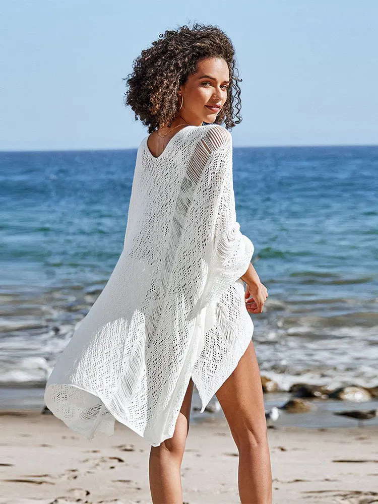 2023 Sexy White Crochet Batwing Sleeve Dress Summer Beach Above Knee Mini Dress Bathing Suit Women Beachwear Sarongs Plage Q1280