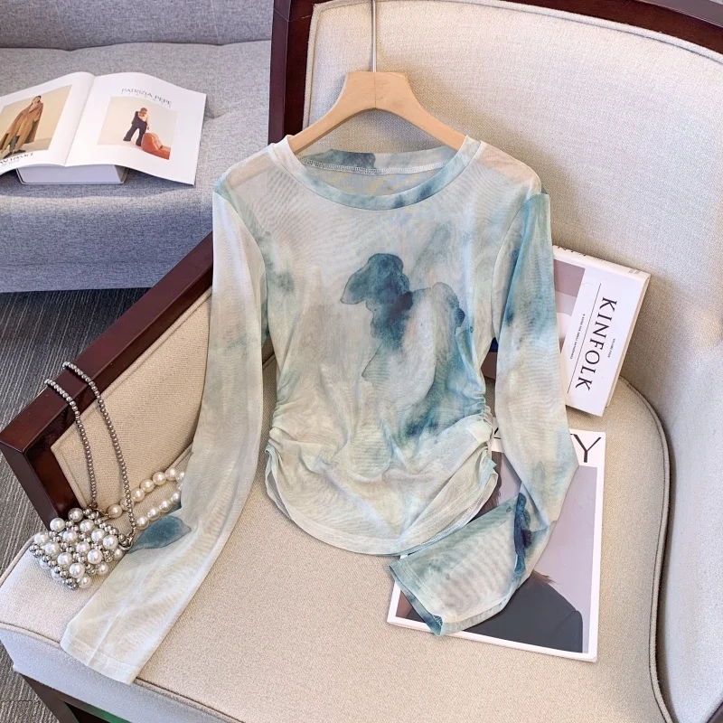 Letnia nowa koszulka damska z efektem tie-dye, długa, z okrągłym dekoltem, chroniąca przed słońcem, do pracy, w stylu koreańskim.