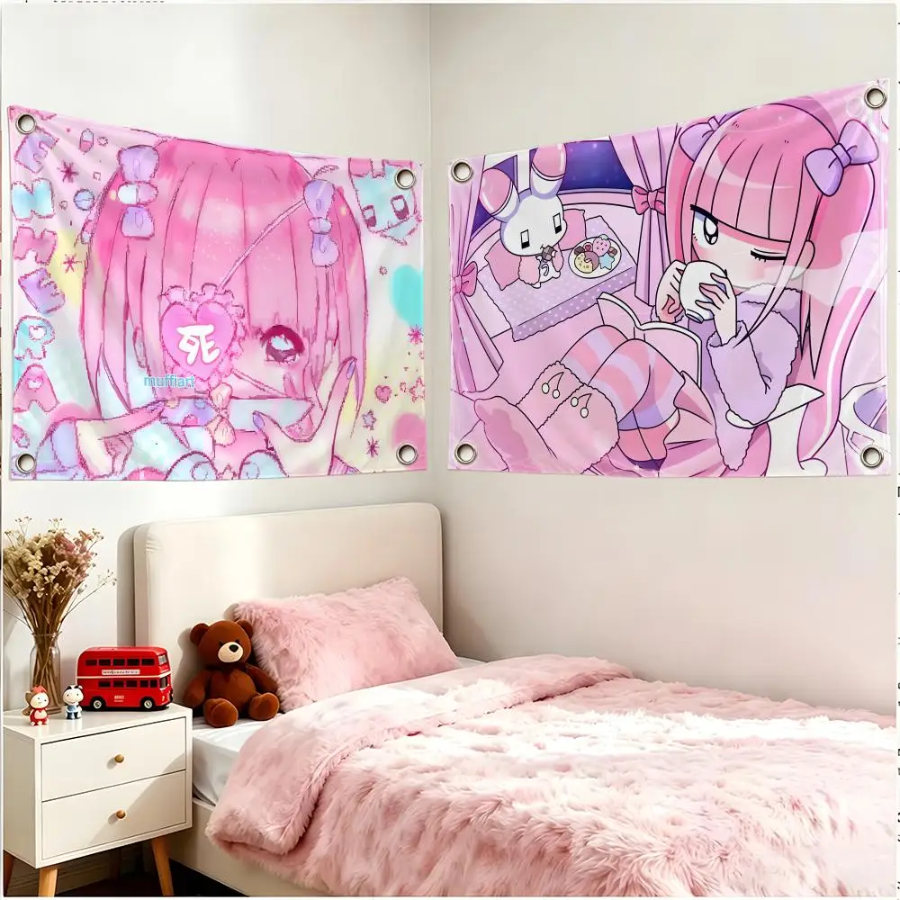 Character Vtuber Menhera Chan Flags Four Ring Borderless Art Decor Indoor Outdoor Use Simple Hang And Install