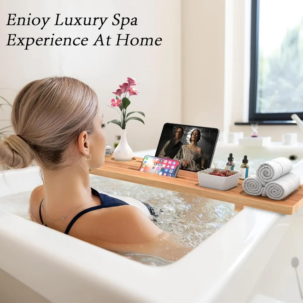 

Adjustable Bathtub Tray, Solid Pine Wood Spa Caddy with Phone & Wine Glass Holders, Perfect Gift for Women