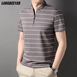 Top Grade Yarn-dyed Process Cotton Zipper Crew Neck Summer Polo Shirt Striped Short Sleeve Casual Tops Fashions Clothes Men