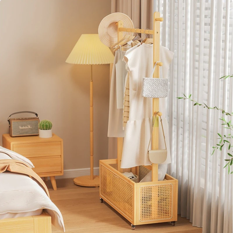 

Mobile Solid Wood Garment Rack Rolling Floor Clothes Organizer Space-Saving Laundry Basket Versatile Wardrobe Storage Solution