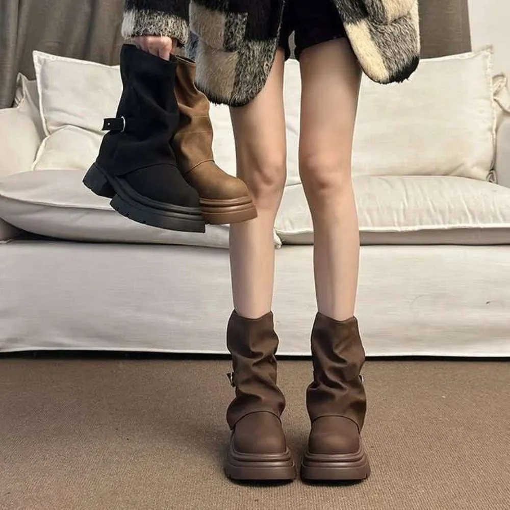 Women Slouchy Mid‑Calf Boots, buckle strap design, thick chunky platform heel.vintage distressed finish. Cool street‑style boots