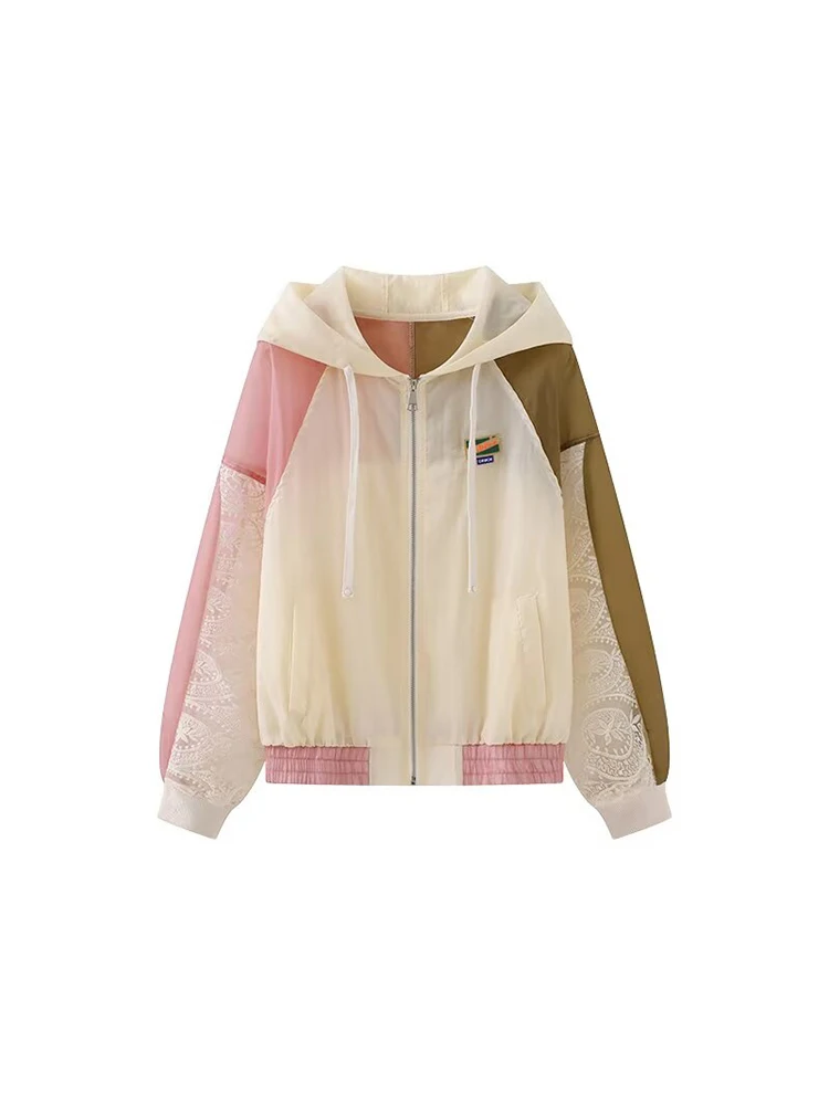 

European and American style women's new hooded contrast color sun protection jacket female lace splicing design loose niche top