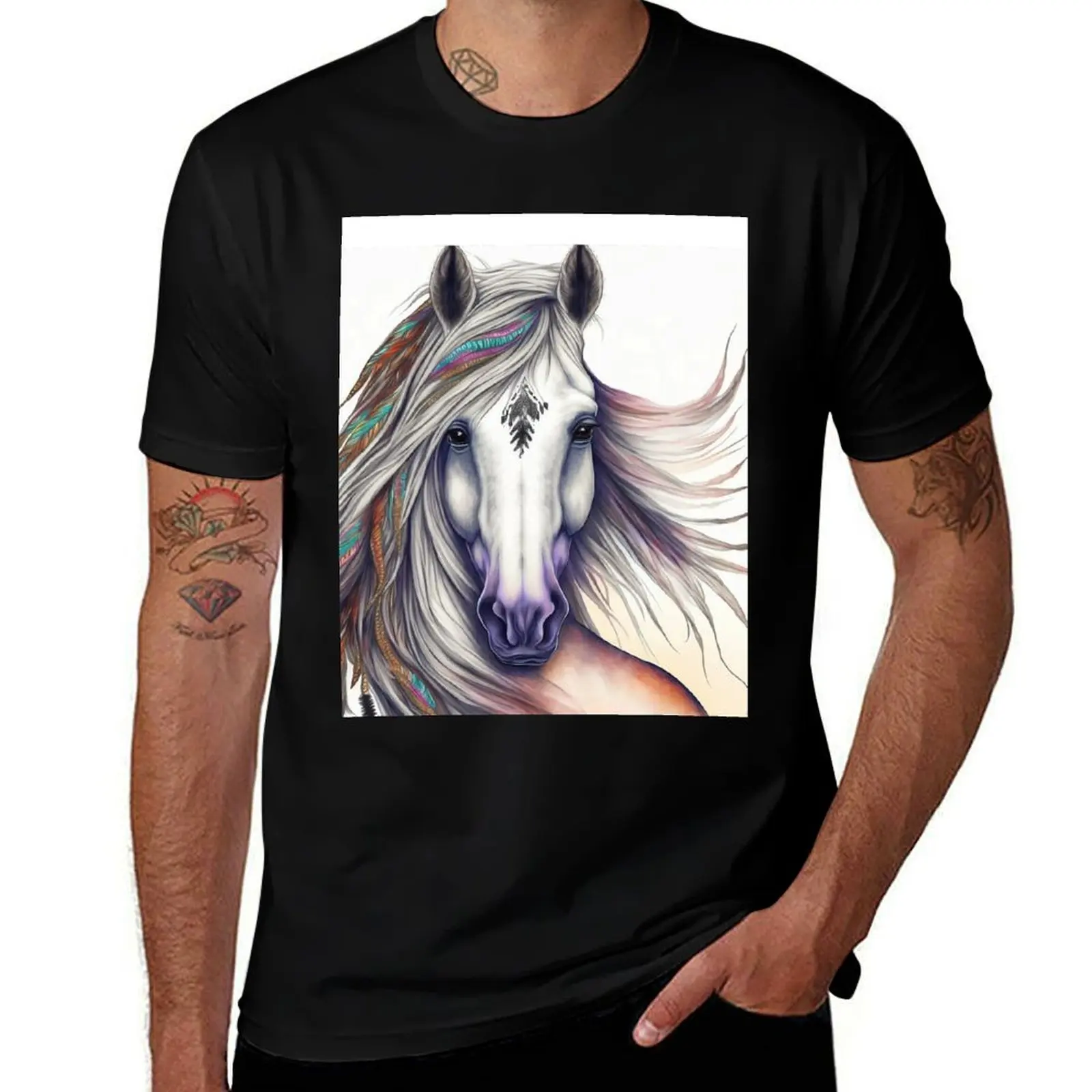 

Colorful White Horse with flowing mane - Pencil Drawing - Boho Horse Portrait T-Shirt man t shirt cotton high quality