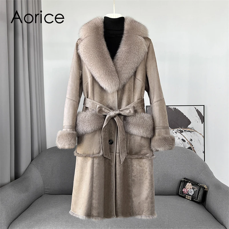 

Aorice Winter Long Rabbit Fur Linging Coat Jacket Female Fox Fur Collar Coats Lady Over Size Parka Trench CT2131