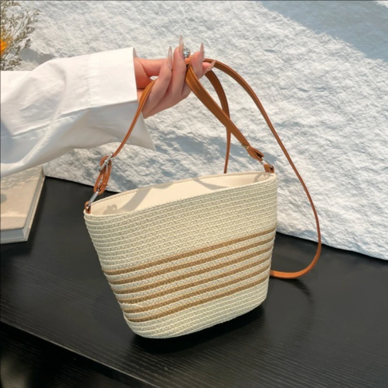 

Портативная летняя соломенная женская сумка-тоут, тканая большая вместительная тканая сумка на плечо на молнии, пляжная сумка ручной работы для отдыха для девочек
