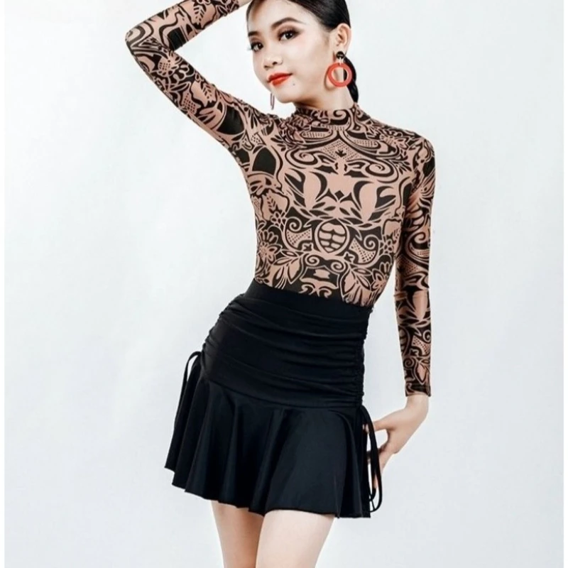 Ensemble de robe de danse latine pour filles, col haut, manches longues, dos nu, justaucorps, jupe noire, Costume d'entraînement de danse de Cowboy Cha-cha Samba