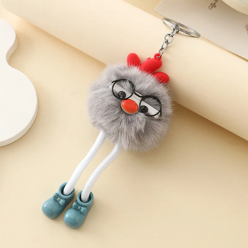 Creative Chicken With Glasses Pendant Long-Legged Fluffy Ball Keychain Cute Simulation Mink Fur Coal Ball Ornaments Bag Charms