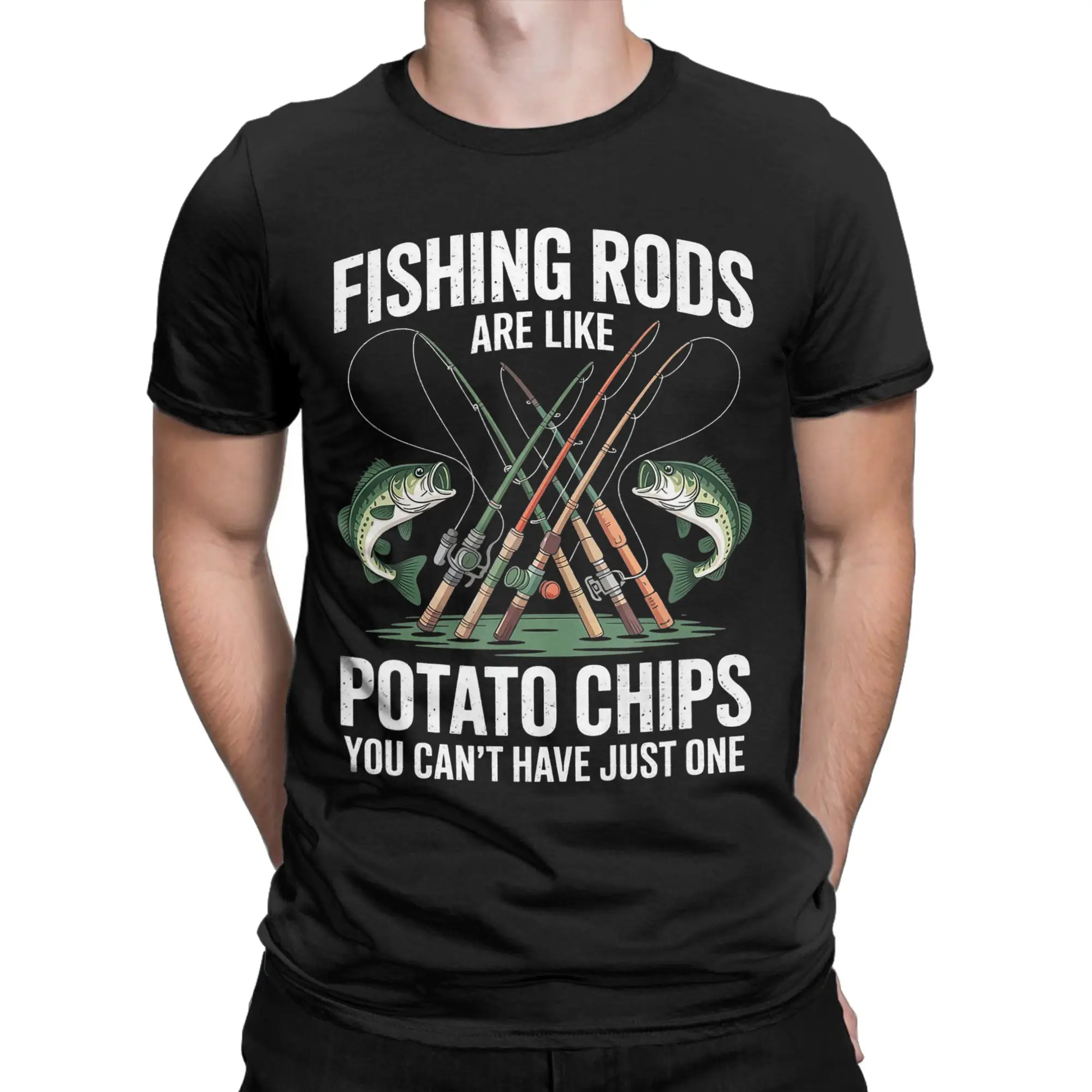 Men's T-Shirts Fishing Rods Are Like Potato Chips Hipster Cotton Tees Short Sleeve  T Shirt Crew Neck Clothes Graphic