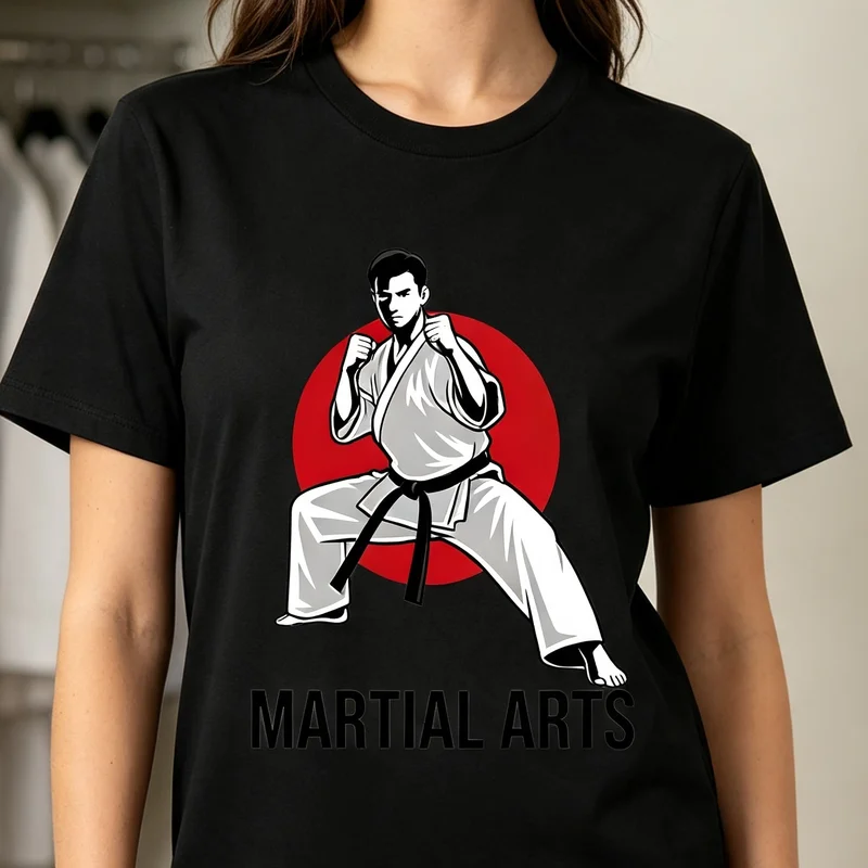 Martial Arts Karate Kung Fu Fighter Red Retro Sunset Training Graphic T Shirt Tee Casual Streetwear for Men Women Fashion Style