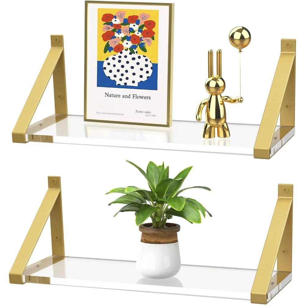 

Прозрачные полки, золотые плавающие полки, настенный набор из 2 шт., прозрачный акрил 8 мм, невидимые настенные полки для спальни, гостиной