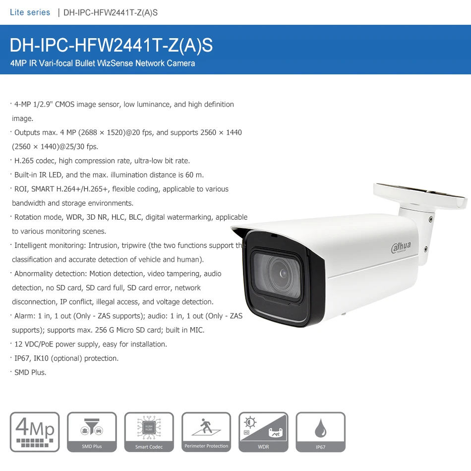 Dahua Camera 4MP IPC-HFW2441T-ZS IPC-HFW2441T-ZAS POE 5X Zoom WizSense Build in MIC IR 60M Original Upgrade Video Surveillance