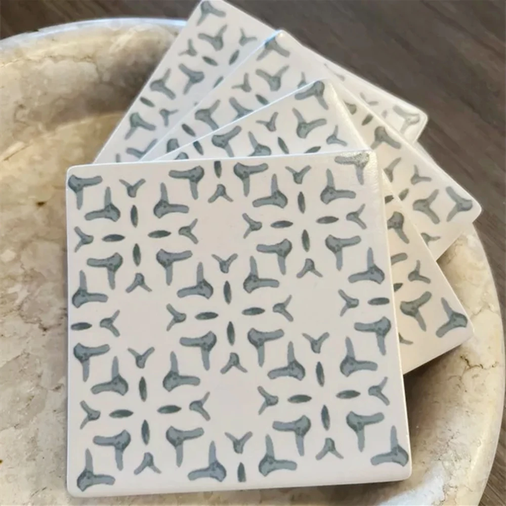 

4pcs Square Drink Coasters,Ceramic Coasters Set Of 4 with Light Blue Stamp Pattern,4" Modern Stoneware Cup Coasters for Coffee