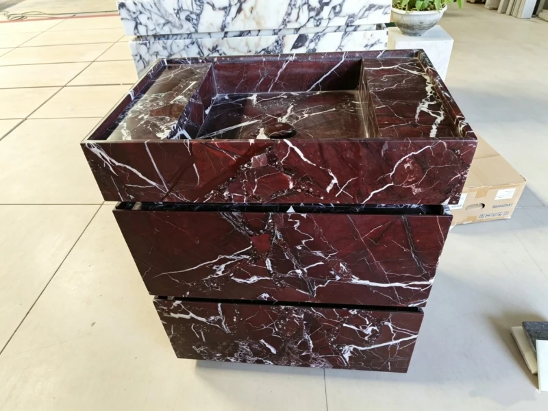 #￥Luxury Red Marble Freestanding Washbasin Rosso Levanto Rectangular Sinks with Cabinet Stone Vanity for Bathroom Decor