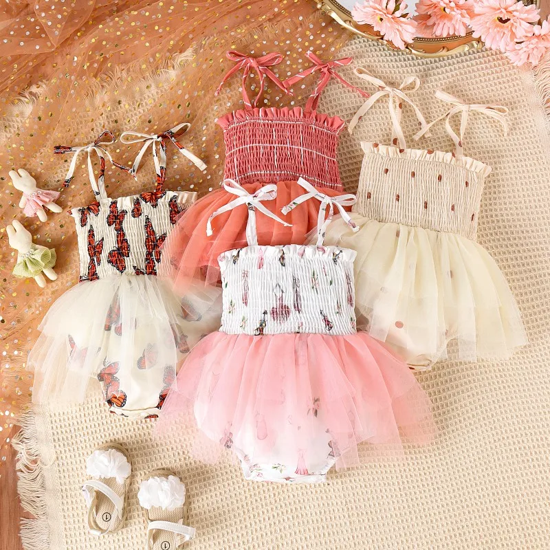 

New Baby Girls Bodysuits Cute Puffy Suspender Rompers Dress Newborn Infant Elaborated Breathable Jumpsuits Baby Shoot Clothes