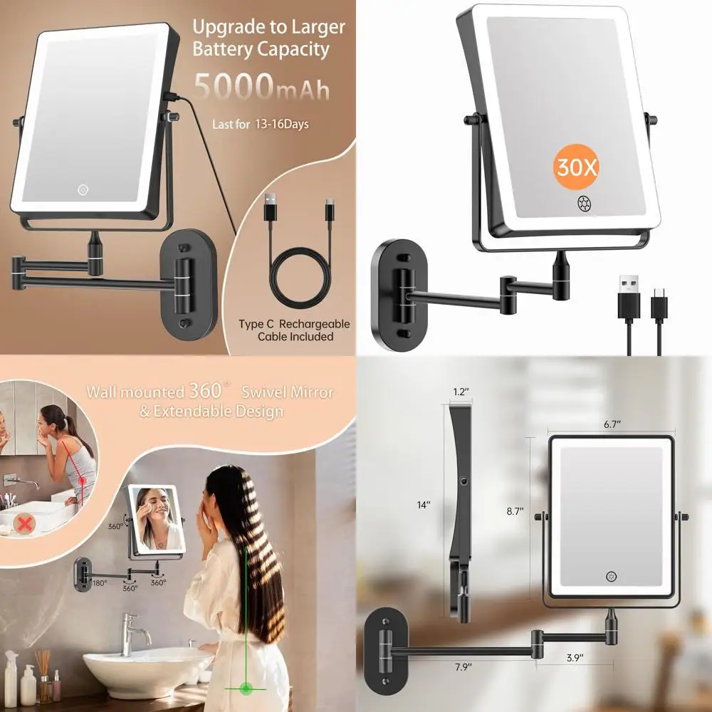 8.7 360 °   Obracane lusterko do makijażu montowane na ścianie z baterią 5000mAh, powiększenie 1X/30X, 3 kolory oświetlenia, włącznik dotykowy, składane