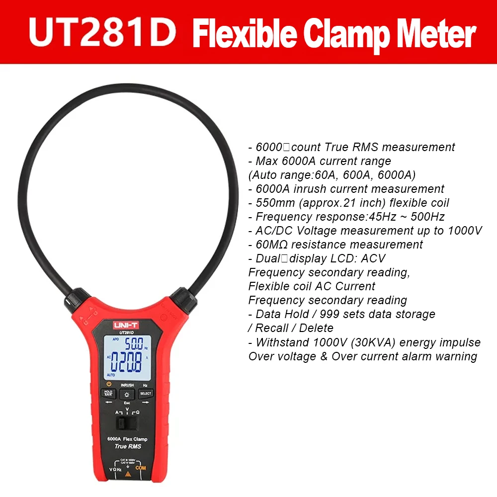 UNI‑T UT281D Flexible Clamp Meter 6000A True RMS AC DC Voltage Current Multimeter 999 Groups Data Storage Ammeter