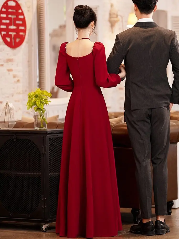 Red Toast Dress Bride Autumn and Winter Engagement Dress Dress Returning to Mother's Home Daily Style Small Women's Long Sle