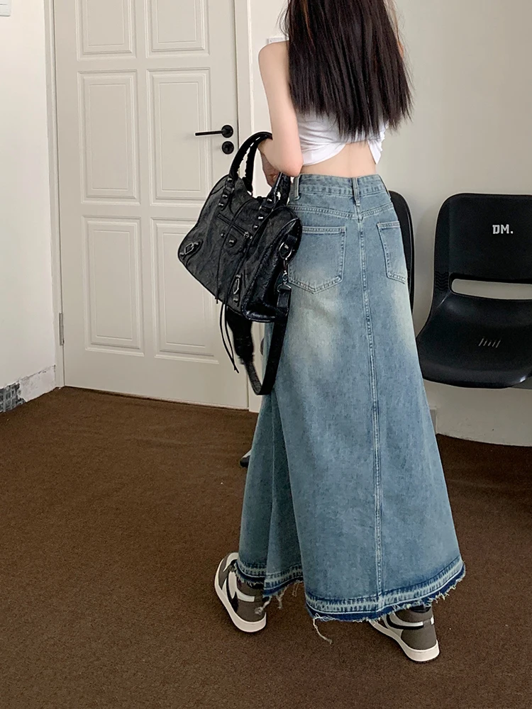 REDDACHiC Y2k Raw Edge Stitch Maxi Denim Skirt Plain Casual High Waist Long Jeans Skirt Korean Dongdaemun Retro Women Streetwear