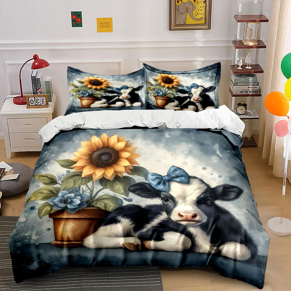 Calf with sunflower pot Printed Duvet Cover Set1 Duvet Cover+2 PillowcaseMulti Size Bedroom Bedding Decor Machine Washable