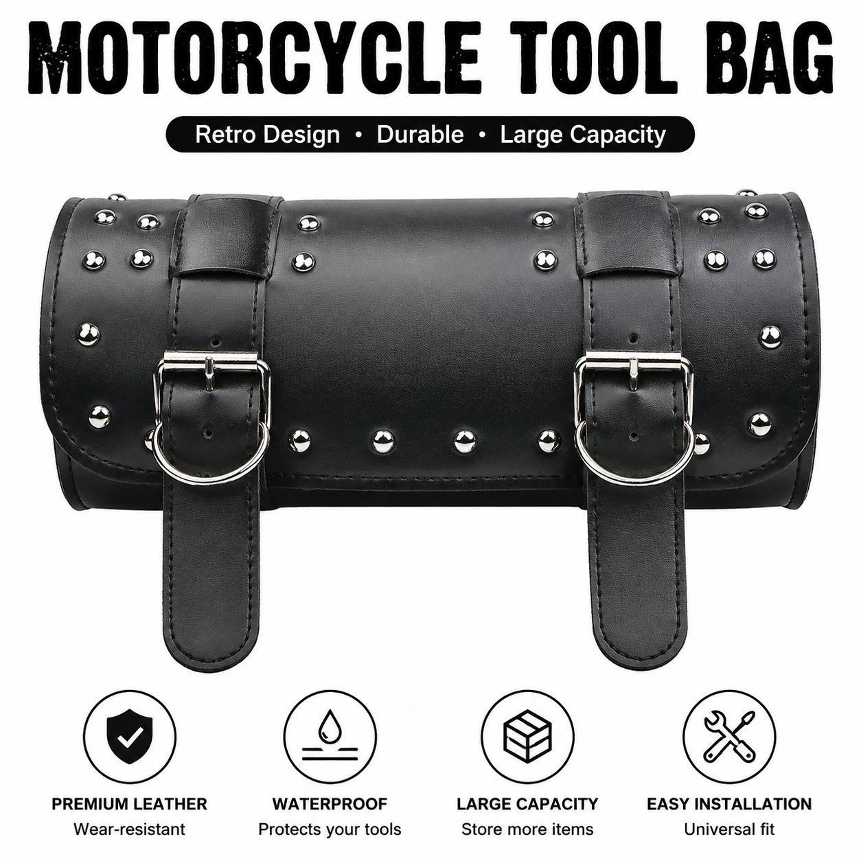Rivet Retro Cylindrical Motorcycle Tool Bag PU Leather Front Fork Saddle Bag Universal Motorbike Rear Seat Storage Pouch