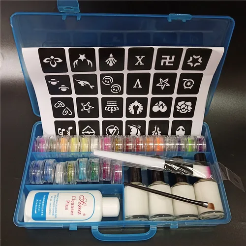 Kit de tatuaje de colores brillantes para Halloween, con plantilla, pegamento, pincel, maquillaje, brillo, diseño de arte corporal para niños, pintura corporal, polvo brillante