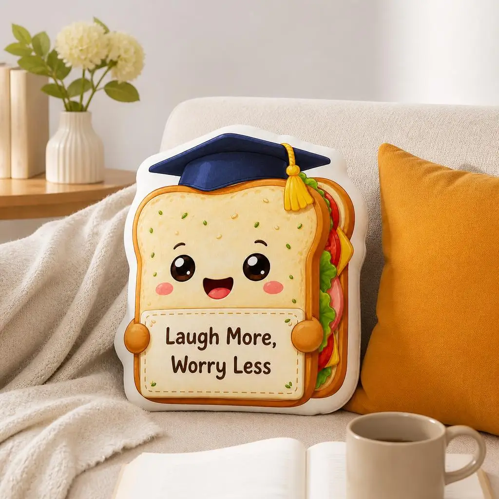 Cute Sandwich Graduation Laugh More Worry Less Plush Pillow Cushion Irregular Stuffed Throw Pillow Home Decor Gift Sofa Bed