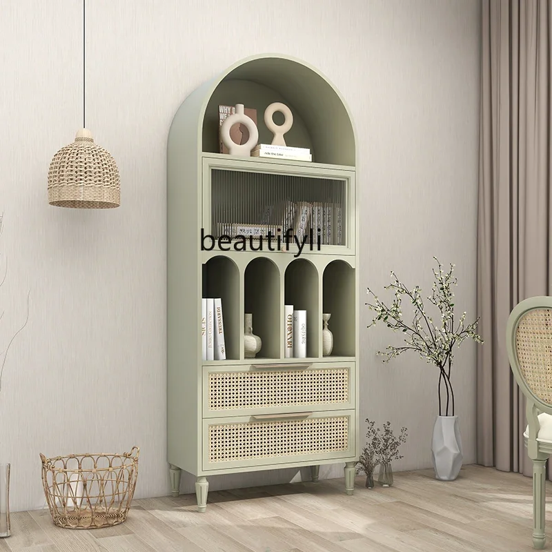 zqAmerican Bookcase Simple Bookcase Rattan Floor Dining Cabinet Green Storage Cabinet Study File Cabinet