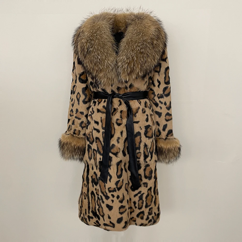 

MENINA Autumn Winter Fashionable Leopard Print Real Rabbit Fur Coat Women Long Fox Fur Collar Coat Fur Onepiece Thickened Warmth