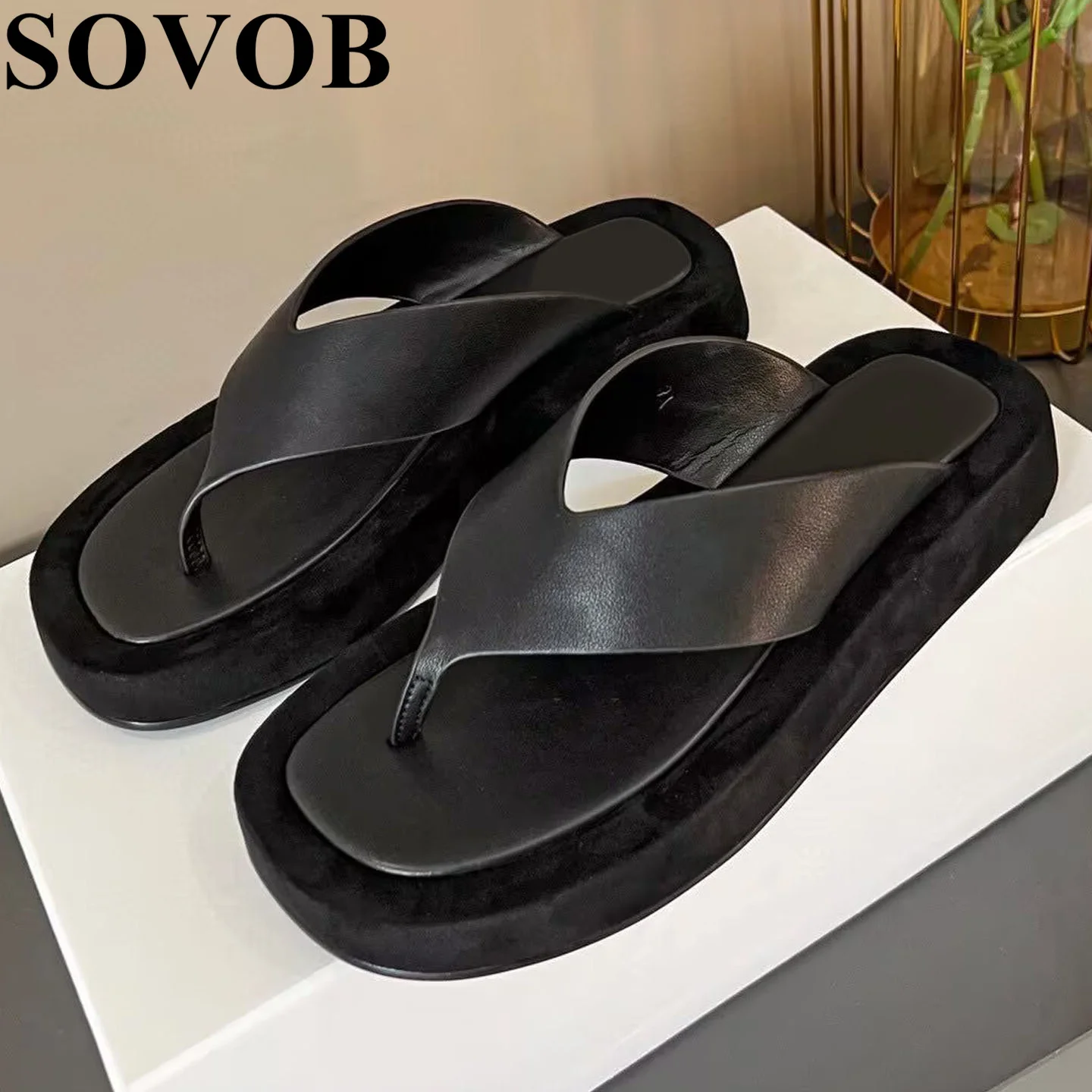 

Summer Genuine Leather Solid Color Flip Flops Women's Flat Heel Thick Soled Casual Sandals Outdoor Vacation Versatile Dress Shoe