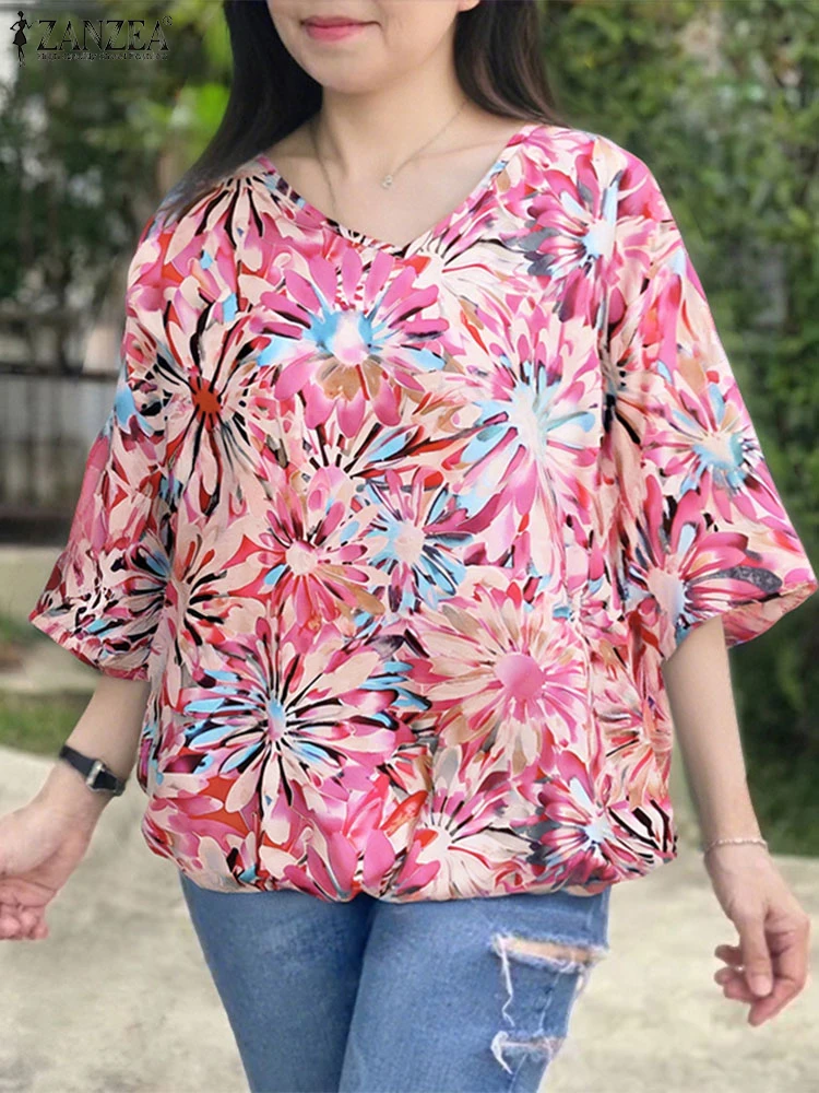 2025 ZANZEA Autumn Women Fashion Vintage Tops 3/4 Sleeve Casual Bohemian Print Blouses Shirts Loose V-Neck Oversize Blusas Femme