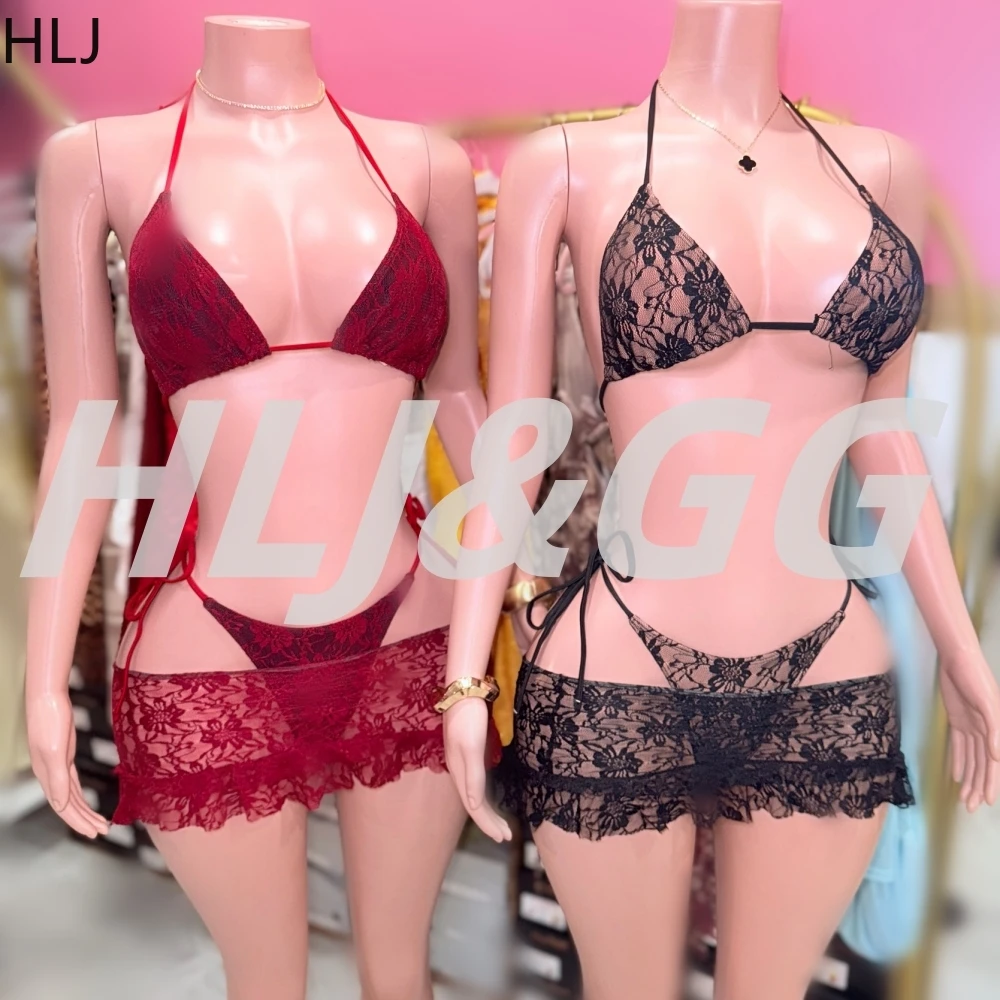 

HLJ Sexy 3 Piece Lace Skirt Bikini Set Women Swimsuit Padded Bather Bathing Suit Beachwear Summer See Though Hollow Outfits 2025