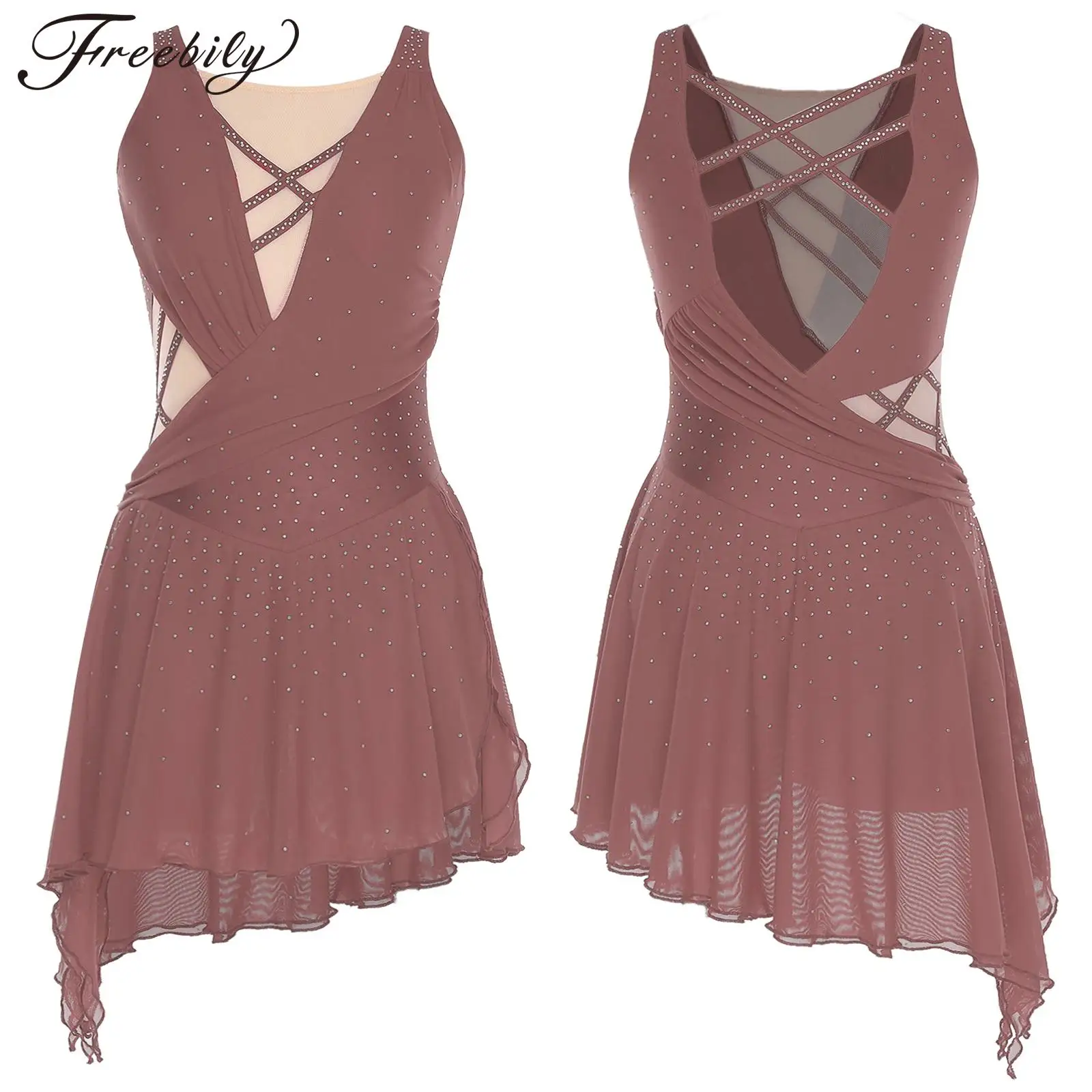 

Женское платье для лирического танца со стразами для фигурного катания, сетчатое трико с боковым разрезом, платья для балета, гимнастики, акробатики