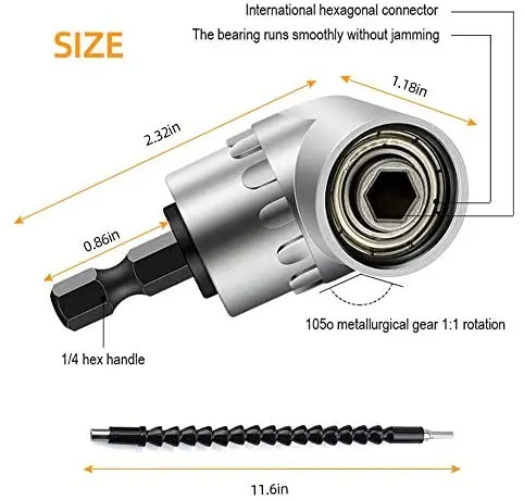 Hex Shank 2pcs Bendable Drill Bit Extension, 3pcs 1/4 3/8 1/2" Universal Socket Adapter,105 Right Angle Drill Extension set