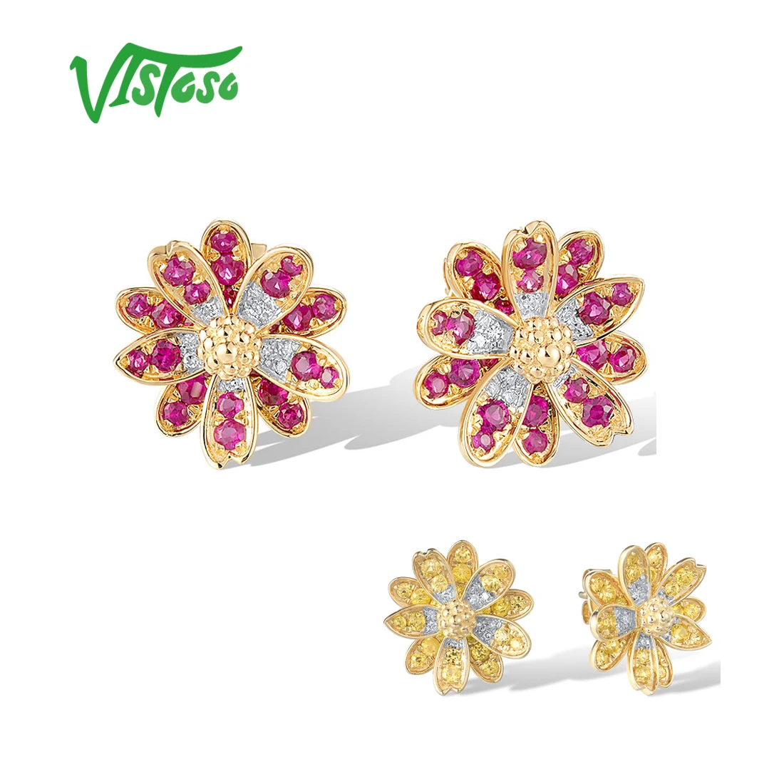 VISTOSO 14K 585 Yellow Gold Stud Earrings For Women Diamonds Yellow Sapphire / Ruby Blossom Daisy Elegant Wedding Fine Jewelry