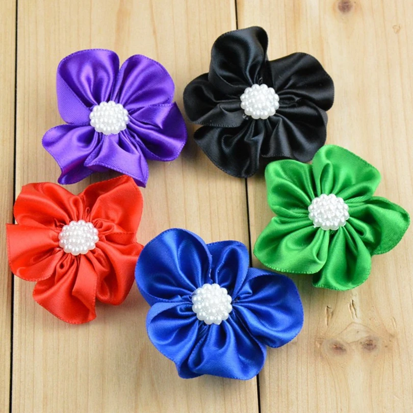 

120pcs/lot 2" 16colors Hair Clip DIY Satin Ribbon Petal Flower With Pearl For Hair Accessories Fabric Flowers For DIY Headbands