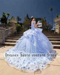 Sky Blue 3D Flower Ball Gown Quinceanera Dresses 2025 Appliques Beaded Ruffles Sweet 16 Dress Vestidos De 15 Años Customized