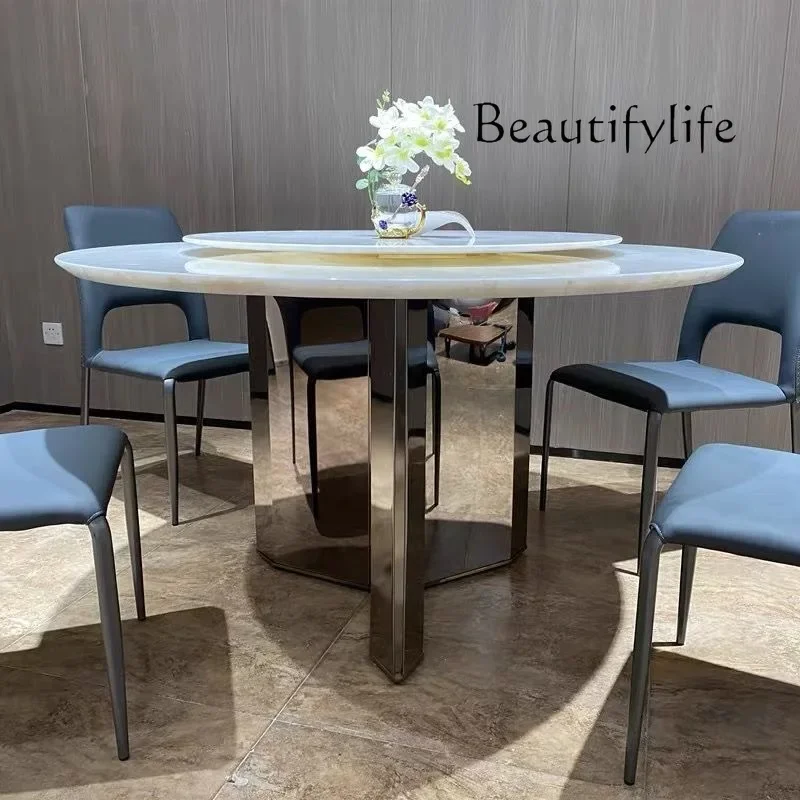 Pure natural marble dining table round luxury stone series white ice jade translucent round turntable dining table and chairs