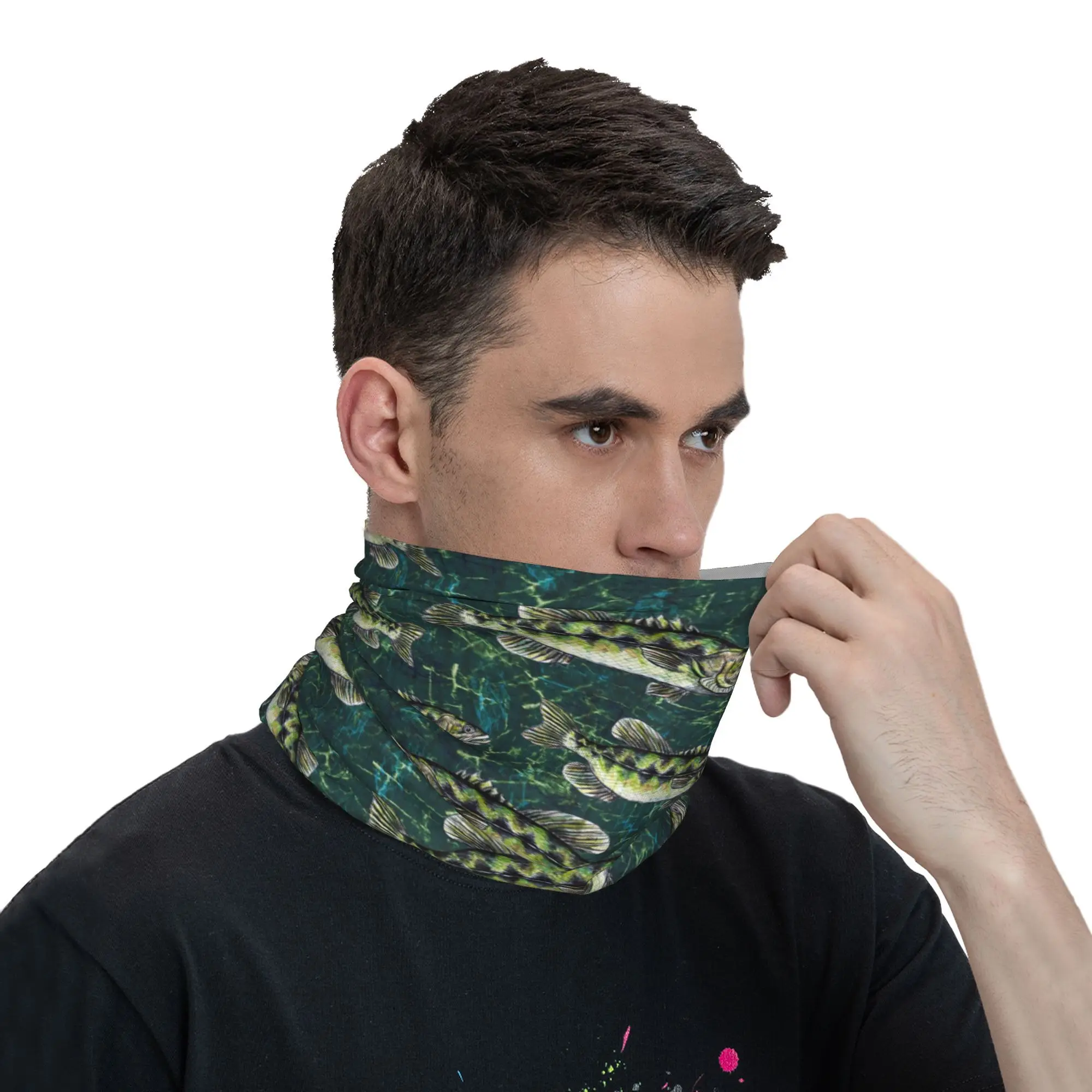 Largemouth baixo camo padrão bandana pescoço gaiter impresso envoltório cachecol multi-uso bandana esportes ao ar livre unisex adulto respirável