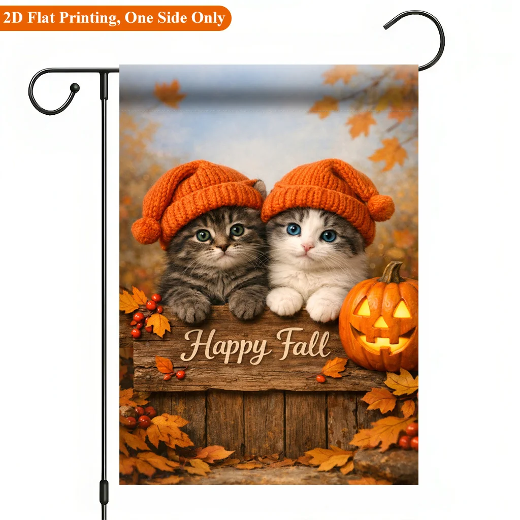 2D Flat [Autumn Cat Garden Flag] 2D Flat - 2D Flat - 2D Flat Print Garden Flag 1 Piece, Autumn Cat Greeting Card Garden Flag, Suitable for Home and Garden, Holiday Decoration, Durable Polyester Material, 11.8x17.7 Inches, Without Flagpole, 2D Flat