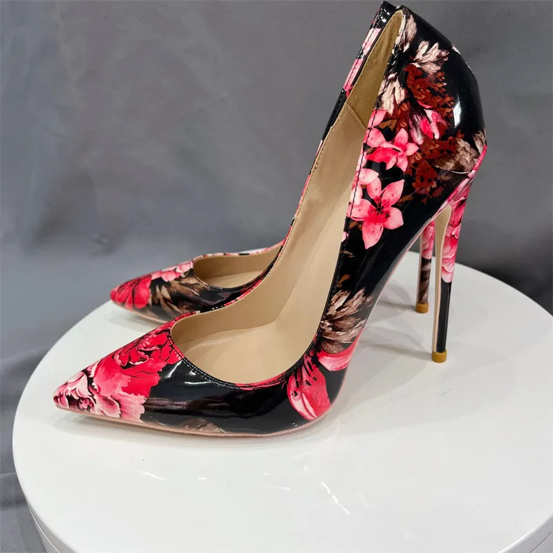 Veowalk Gothic Red Flower Print Women Sexy Pointed Toe Stiletto Pumps 8cm 10cm 12cm High Heel Shoes for Black Dress Skirts