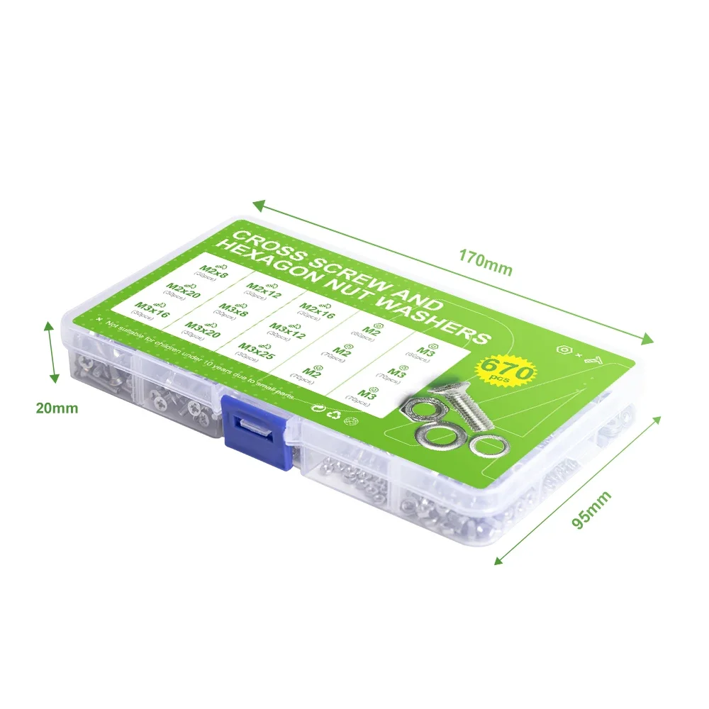 670Pcs M2 M3 Assortment Kit Set Phillips Flat Head Machine Screw Metric Thread Cross Countersunk Bolt Nut Washer Bolts and Nuts