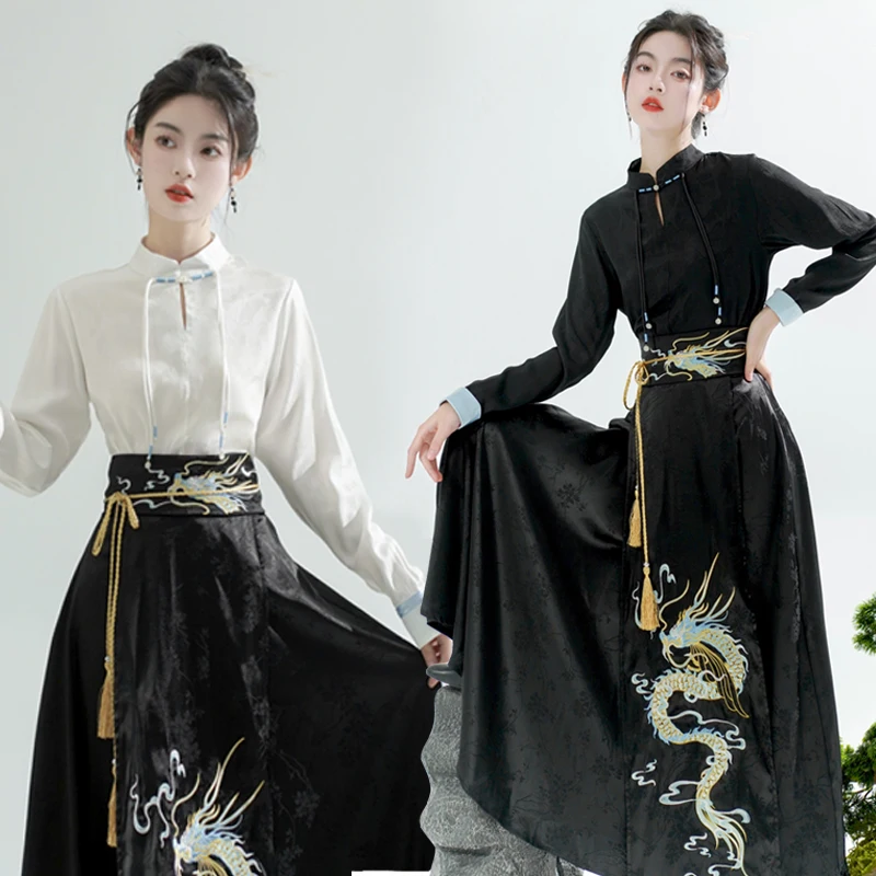 

New Chinese Style Simple Embroidered Top with Improved Elastic Waist, High-End Elegant Lady’s Horse-Face Skirt with Waist Seal