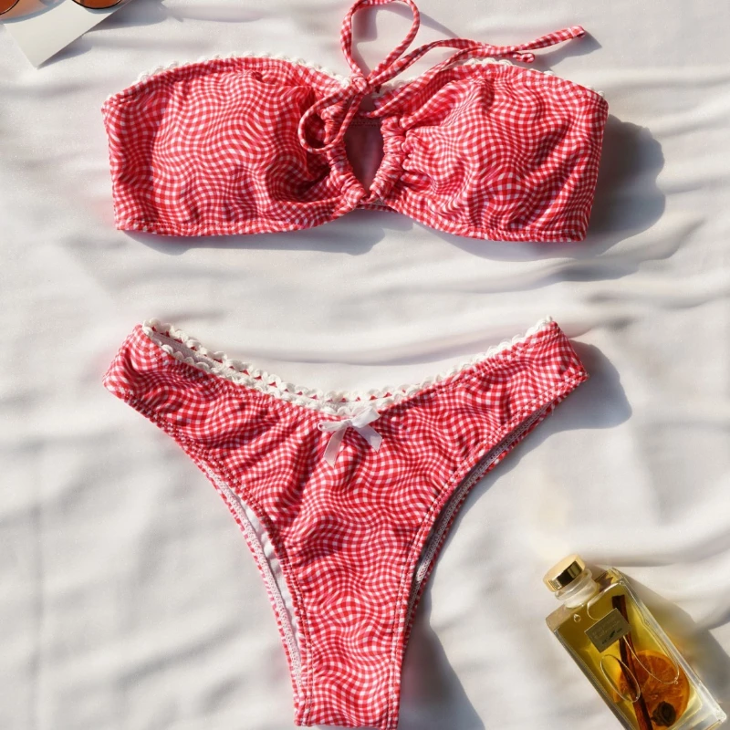 

Red Plaid Strapless Bikini Print Swimsuit Two-piece Swimsuit Cute Girl Beach Vacation Swimwear